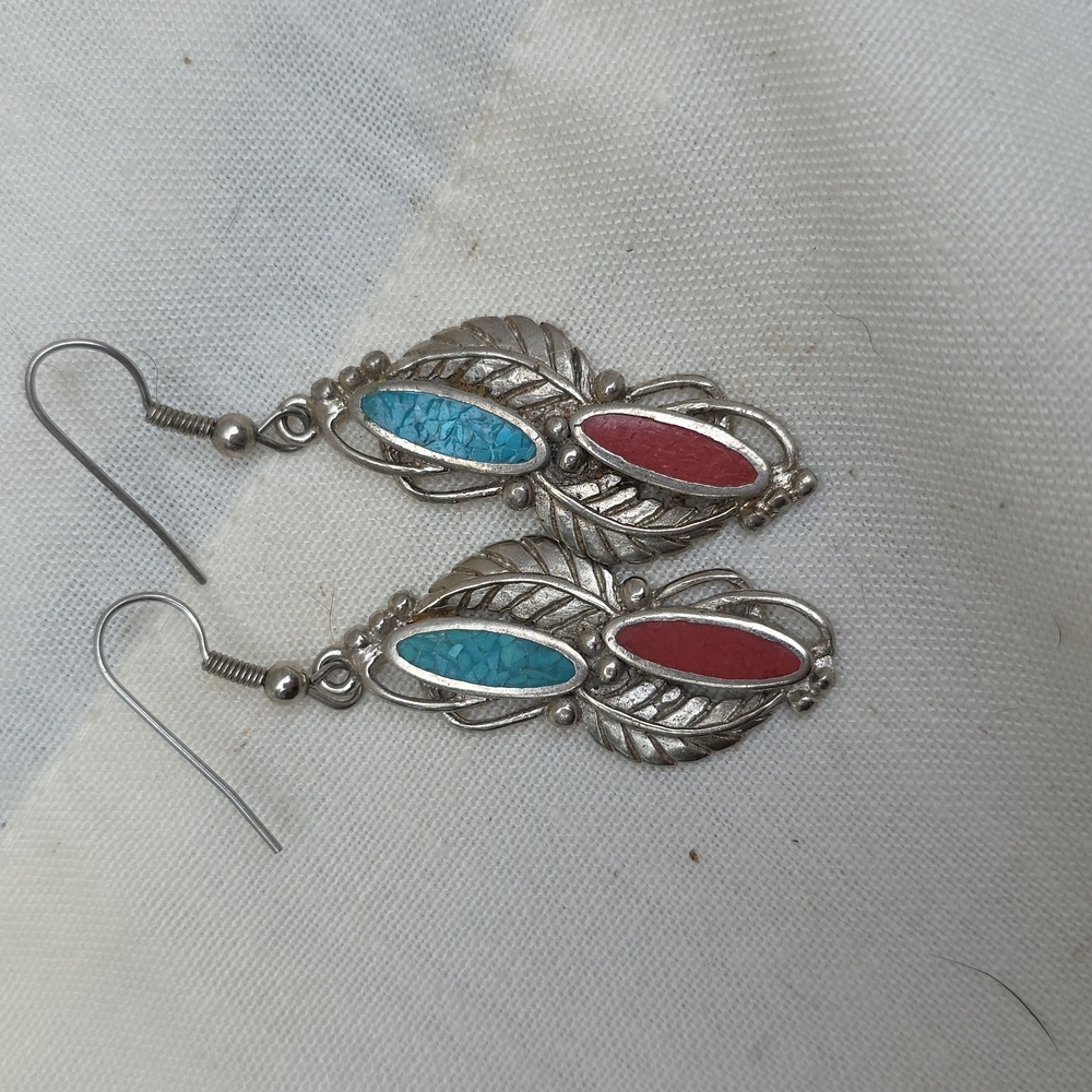 Turquoise And Coral Silver Tone Earrings